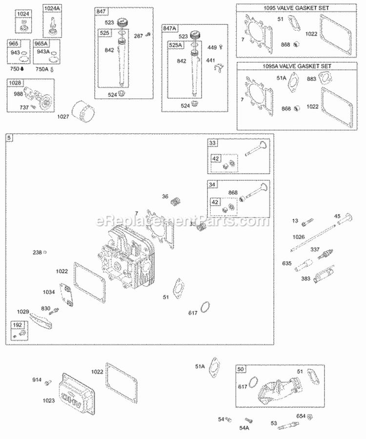 Head Valve Gaskets Oil Filter Dipstick Diagram and Parts List for  Briggs and Stratton Engine